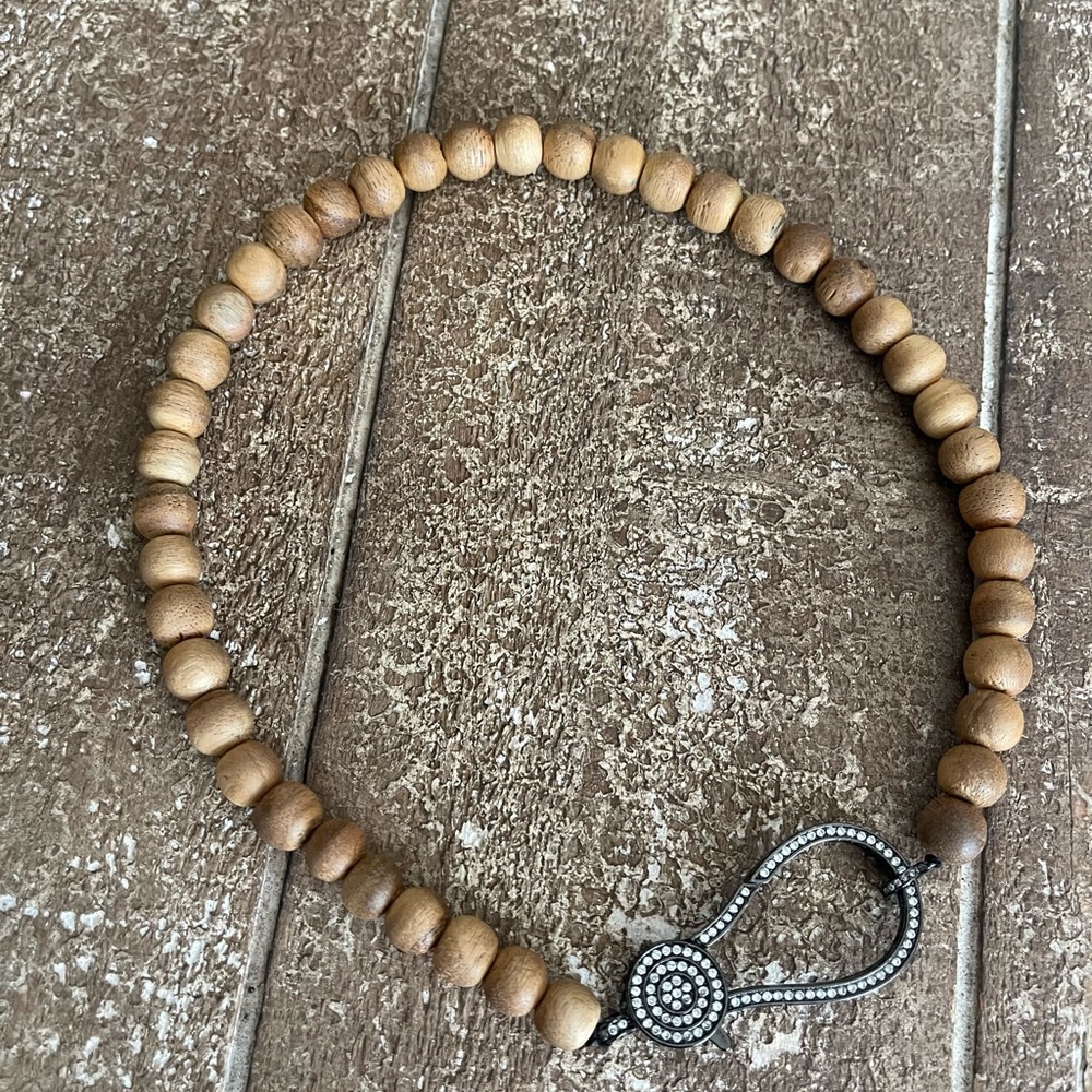 Wood Bead Necklace with Pave Crystal Clasp - Brown
